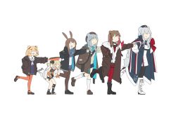 Rule 34 | &gt; &lt;, 6+girls, :d, ^ ^, amiya (arknights), animal ears, arknights, ascot, bear ears, beret, black footwear, black jacket, blonde hair, blue ascot, blue hair, bonk, boots, braid, brown footwear, brown hair, brown jacket, brown legwear, carnival phantasm, choker, closed eyes, commentary, cross-laced footwear, english commentary, flat color, food-themed hair ornament, frying pan, full body, fur-trimmed boots, fur trim, gummy (arknights), hair ornament, hand on own hip, hat, highres, holding, horns, ifrit (arknights), istina (arknights), jacket, kofucchi, lace-up boots, loafers, long hair, long sleeves, looking at viewer, monocle, multicolored hair, multiple girls, open clothes, open jacket, open mouth, orange pantyhose, outstretched arm, pantyhose, parody, plaid, plaid skirt, pleated skirt, pointing, pom pom (clothes), rabbit ears, red hair, red legwear, rosa (arknights), sailor collar, scarf, sharp teeth, shoes, short hair, sidelocks, simple background, skirt, sleeves past fingers, sleeves past wrists, smile, socks, standing, standing on one leg, streaked hair, super affection, teeth, twin braids, twintails, white background, white legwear, wide sleeves, zima (arknights), | |