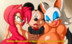 Rule 34 | 1boy, 2girls, amy rose, angelauxes, animal ears, ass, back, bat wing, bat wings, bdsm, big nose, black eyes, black hair, black skin, blue eyes, blue eyeshadow, bondage, bound, bow, bowtie, breast press, breasts, colored skin, completely nude, crossover, dark-skinned female, dark skin, diadem, disney, english text, eyelashes, eyeshadow, femdom, furry, furry female, furry male, gigantic breasts, green eyes, half-closed eyes, huge ass, huge breasts, imminent rape, licking lips, lipstick, looking at another, looking at viewer, looking back, makeup, mickey mouse, mouse boy, mouse ears, multiple girls, naughty face, nipples, nude, pink hair, pink lips, pink skin, red bow, rope, rouge the bat, sandwiched, sega, sex slave, shiny skin, short hair, slave, smile, sonic (series), tail, tongue, tongue out, upper body, white hair, wide hips, wings