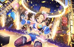Rule 34 | 10s, 1girl, ;d, artist request, bare shoulders, belt, blue gloves, boots, breasts, brown eyes, brown hair, choker, cleavage, confetti, crop top, denim, denim shorts, earrings, fingerless gloves, fireworks, gloves, hairband, headset, idolmaster, idolmaster cinderella girls, idolmaster cinderella girls starlight stage, jewelry, midriff, mizuki seira, navel, official art, one eye closed, open mouth, outstretched arms, short hair, shorts, smile, solo, thigh boots, thighhighs