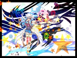 Rule 34 | 1girl, blue hair, breasts, cleavage, colorful, corset, discharge cycle, dress, fingerless gloves, gloves, hat, highres, long hair, necktie, orange eyes, outstretched arms, pixiv, pixiv-tan, skirt, solo, spread arms, standing, star (symbol), thighhighs, tobi (discharge cycle)
