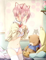 Rule 34 | 10s, 1girl, bed, bedroom, blush, bow, bow panties, bra, breasts, cleavage, dressing, hair ribbon, kaname madoka, kotera (koterabyte), kyubey, lingerie, mahou shoujo madoka magica, mahou shoujo madoka magica (anime), midriff, navel, no pants, panties, pillow, pink eyes, pink hair, profile, ribbon, room, school uniform, short hair, silhouette, small breasts, solo, stuffed animal, stuffed toy, teddy bear, thighhighs, twintails, underwear, when you see it, white bra, white panties, white thighhighs
