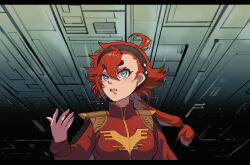 Rule 34 | 1girl, ahoge, black hairband, blue eyes, char&#039;s counterattack, char aznable, char aznable (cosplay), chinese commentary, cosplay, film grain, gundam, gundam suisei no majo, hair between eyes, hairband, hand up, high collar, highres, in-franchise crossover, jacket, letterboxed, long hair, long sleeves, low ponytail, madao desu, open mouth, pun, red hair, red jacket, scene reference, solo, suletta mercury, teeth, thick eyebrows, upper teeth only, v-shaped eyebrows
