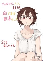 Rule 34 | 1girl, blush, breasts, brown eyes, brown hair, flying sweatdrops, high-waist skirt, highres, large breasts, looking at viewer, original, parted lips, ponytail, red eyes, rucchiifu, shirt, short hair, short sleeves, signature, sitting, skirt, solo, white background, white shirt