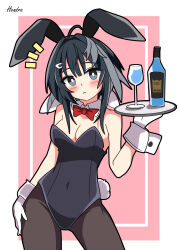 Rule 34 | 1girl, :&lt;, absurdres, ahoge, alternate costume, animal ears, arknights, artist name, black hair, black leotard, black pantyhose, blush, border, bottle, bow, bowtie, breasts, bright pupils, commentary, contrapposto, cowboy shot, cup, detached collar, drinking glass, fake animal ears, fake tail, feather hair, grey eyes, hand on own hip, hendra, highres, holding, holding tray, inset border, la pluma (arknights), leotard, looking at viewer, medium breasts, notice lines, pantyhose, pink background, playboy bunny, rabbit ears, red bow, red bowtie, short hair, simple background, solo, tail, tray, white background, white pupils, wine glass