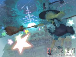 Rule 34 | 1girl, broom, building, cloud, dutch angle, explosion, female focus, floating, from above, from behind, hat, kirisame marisa, magic, night, scarlet devil mansion, shooting star, smoke, solo, star (symbol), touhou, witch, witch hat, yuji (masterpiece)