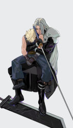 Rule 34 | 2boys, absurdres, armor, belt, black gloves, black jacket, black pants, blonde hair, blue pants, blue shirt, boots, buster sword, cloud strife, closed eyes, gloves, highres, holding, holding sword, holding weapon, jacket, long hair, male focus, masamune (ff7), materia, multiple boys, own hands together, pants, partially submerged, sephiroth, shirt, short hair, shoulder armor, silver hair, sitting, sitting on lap, sitting on person, spiked hair, suspenders, sword, weapon, white background