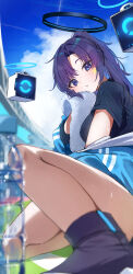 Rule 34 | 1girl, absurdres, arena, black shirt, blue archive, bottle, closed mouth, cloud, facial mark, foot out of frame, gym shirt, gym uniform, halo, highres, holding, holding towel, knee up, knees, legs, long hair, looking at viewer, official alternate costume, outdoors, parted bangs, purple eyes, shadow, shiro marimo, shirt, sitting, sky, solo, star on cheek, sweat, sweatdrop, towel, water bottle, yuuka (blue archive), yuuka (track) (blue archive)