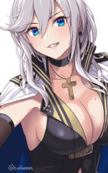 Rule 34 | 1girl, azur lane, blue eyes, blush, breasts, choker, commentary request, cross, cross necklace, cuboon, flag print, grin, hair between eyes, jacket, jacket on shoulders, jewelry, large breasts, long hair, looking at viewer, military jacket, mole, mole on breast, necklace, sideboob, silver hair, smile, washington (azur lane)