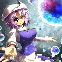Rule 34 | 1girl, apron, blush, breasts, bubble, hat, large breasts, letty whiterock, open mouth, purple eyes, purple hair, scarf, short hair, skirt, smile, snowflakes, solo, touhou, umigarasu (kitsune1963), vest