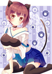 Rule 34 | 10s, 1girl, animal ears, black thighhighs, brown eyes, brown hair, cat ears, cat tail, hazakura satsuki, highres, japanese clothes, kaga (kancolle), kantai collection, kemonomimi mode, looking at viewer, muneate, parted lips, paw print, pleated skirt, side ponytail, sitting, skirt, solo, tail, thighhighs, zettai ryouiki