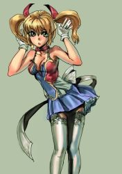 Rule 34 | 1girl, blonde hair, bow (bhp), green eyes, original, ribbon, skirt, solo, thighhighs, twintails