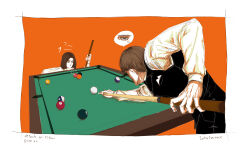 Rule 34 | 2boys, absurdres, anger vein, ball, billiard ball, billiards, blowing, bowl cut, brown hair, cheating (competitive), cue stick, eren kruger, eren yeager, highres, holding cue stick, leaning forward, male focus, mature male, mimi (61743952), motion lines, multiple boys, pool table, shingeki no kyojin, short hair, spoken object, table, time paradox, tsurime, vertical eye lines