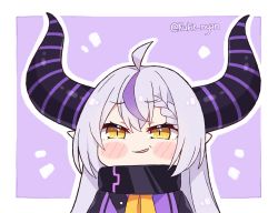 Rule 34 | 1girl, ahoge, black coat, blush, blush stickers, braid, chibi, coat, collar, commentary, demon girl, demon horns, english commentary, female focus, french braid, grin, hair between eyes, hololive, holox, horns, kukie-nyan, la+ darknesss, long hair, looking at viewer, metal collar, multicolored hair, pointy ears, purple background, purple hair, silver hair, simple background, single braid, slit pupils, smile, smug, solo, streaked hair, striped horns, twitter username, two-tone hair, virtual youtuber, yellow eyes