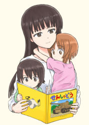 Rule 34 | 3girls, aged down, arms around neck, blunt bangs, book, brown eyes, brown hair, closed mouth, commentary, cropped torso, family, girls und panzer, green shirt, headphones, holding, holding book, long hair, long sleeves, map, military, military vehicle, mother and daughter, motor vehicle, multiple girls, mutsu (layergreen), nishizumi maho, nishizumi miho, nishizumi shiho, pink shirt, shirt, short hair, short sleeves, siblings, simple background, sisters, sitting, sitting on lap, sitting on person, smile, straight hair, t-shirt, tank, tank shell, tiger i, translated, white background, white shirt