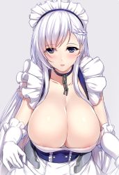 Rule 34 | 10s, 1girl, apron, areola slip, azur lane, bad id, bad twitter id, belfast (azur lane), blue eyes, blush, braid, breasts, chain, cleavage, collar, collarbone, downblouse, french braid, frilled apron, frills, gloves, huge breasts, long hair, looking at viewer, maid, maid apron, maid headdress, minamon (vittel221), no bra, open mouth, silver hair, smile, solo, upper body, white apron, white gloves