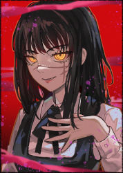 Rule 34 | 1girl, absurdres, black hair, black ribbon, chainsaw man, collared shirt, hand on own chest, highres, hoki suta829, intestines, long hair, looking at viewer, open mouth, red background, ribbon, ringed eyes, shirt, smile, solo, white shirt, yellow eyes, yoru (chainsaw man)