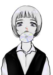 Rule 34 | 1girl, black vest, blood, blunt bangs, collared shirt, dvd (object), grey eyes, grey hair, highres, looking at viewer, mouth hold, nosebleed, original, shirt, short hair, simple background, solo, toyux2, upper body, vest, white background, white shirt