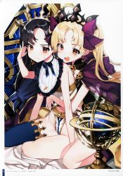 Rule 34 | 2girls, absurdres, aged down, arm support, artist name, bare arms, bare shoulders, bib, black hair, black ribbon, blonde hair, border, bow, cape, carrot print, chungu, earrings, ereshkigal (fate), fate/grand order, fate (series), feet out of frame, food print, forehead, frills, hair bow, hand in another&#039;s hair, hand up, highres, hood, hooded cape, ishtar (fate), jewelry, lens flare, long hair, looking at viewer, multiple girls, neck ribbon, open mouth, page number, purple bow, purple cape, red eyes, ribbon, scan, seiza, shadow, simple background, single thighhigh, sitting, sweat, thighhighs, thighs, tiara, translation request, twintails, very long hair, white background, white border