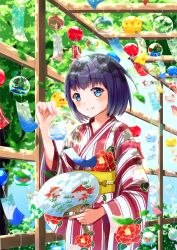 Rule 34 | 1girl, absurdres, blue eyes, blush, closed mouth, collarbone, commentary request, eyelashes, floral print, highres, holding, japanese clothes, kimono, looking at viewer, original, pon yui, print kimono, purple hair, sash, short hair, smile, solo, summer, tree, wide sleeves, wood, yellow sash, yukata