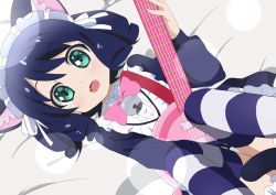 Rule 34 | 10s, 1girl, :d, absurdres, amano kouki, animal ears, aqua eyes, bell, black hair, bow, cat ears, cat tail, cyan (show by rock!!), drill hair, dutch angle, electric guitar, fangs, guitar, highres, holding, instrument, looking at viewer, lying, maid, maid headdress, official style, open mouth, pink bow, short hair, show by rock!!, smile, solo, strawberry heart (show by rock!!), striped clothes, striped thighhighs, tail, thighhighs