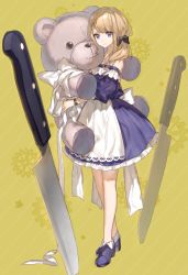 Rule 34 | 1girl, bandages, bare legs, bare shoulders, black bow, blonde hair, blue dress, blue eyes, bow, chocoan, closed mouth, commentary, detached sleeves, dress, full body, hair bow, holding, holding stuffed toy, long hair, looking at viewer, mole, mole under eye, original, oversized object, shoes, solo, standing, stuffed animal, stuffed toy, teddy bear, watch, white bow, wristwatch, yellow background