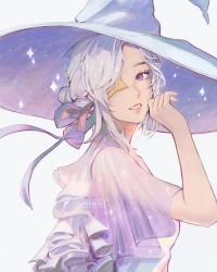 Rule 34 | 1girl, artist name, clivenzu, from side, grey hat, hair bun, hair ribbon, hand up, hat, highres, looking at viewer, looking to the side, original, purple eyes, purple ribbon, ribbon, short sleeves, simple background, single hair bun, smile, solo, star (clivenzu), white background