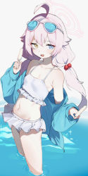 Rule 34 | 1girl, ahoge, armpit crease, bikini, blue archive, blue eyes, blue jacket, collarbone, eyewear on head, flat chest, food, frilled bikini, frills, hair between eyes, hair bobbles, hair ornament, halo, heterochromia, highres, hoshino (blue archive), hoshino (swimsuit) (blue archive), hufy, jacket, jacket over swimsuit, korean commentary, looking at viewer, low twintails, navel, official alternate costume, open clothes, open jacket, petite, pink hair, popsicle, revision, smile, solo, stomach, sunglasses, swimsuit, twintails, wading, white bikini, yellow eyes
