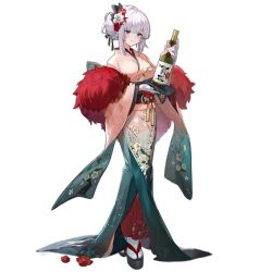 Rule 34 | 1girl, alcohol, aqua kimono, black sash, blue eyes, blush, bottle, breasts, closed mouth, feather boa, feathers, floral print, floral print kimono, flower, flower request, full body, girls&#039; frontline, gloves, gradient kimono, hair flower, hair ornament, hair up, half gloves, highres, holding, holding bottle, japanese clothes, kimono, large breasts, light smile, looking at viewer, obi, official alternate costume, official art, okobo, ots-39 (apricot fantasia) (girls&#039; frontline), ots-39 (girls&#039; frontline), pink kimono, print kimono, red feathers, red flower, sake bottle, sandals, sash, sidelocks, simple background, socks, solo, standing, tabi, third-party source, transparent background, white flower, white gloves, white hair, white socks, wumumu