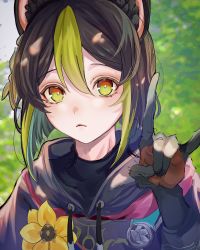 Rule 34 | 1boy, animal ear fluff, animal ears, asymmetrical sleeves, black gloves, black hair, black shirt, blunt ends, blurry, blurry background, branch, bright pupils, closed mouth, commentary request, drawstring, earrings, flower, forest, fox ears, fox shadow puppet, genshin impact, gloves, gradient eyes, green eyes, green hair, highres, hood, hood down, hoodie, jewelry, long sleeves, looking at object, male focus, medal, multicolored clothes, multicolored eyes, multicolored hair, nature, plant, red flower, shirt, short hair, short sleeves, sidelocks, single earring, solo, tassel, tighnari (genshin impact), turtleneck, two-tone gloves, two-tone hair, xiao love, yellow flower