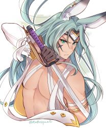 Rule 34 | 1boy, animal ears, blue eyes, blue hair, brown gloves, carrot (robosquat), detached sleeves, dragalia lost, facial mark, gloves, headband, holding, holding sword, holding weapon, long hair, looking at viewer, luca (dragalia lost), male focus, official alternate costume, rabbit ears, serious, single sleeve, solo, sword, topless male, twitter username, upper body, very long hair, weapon, white background