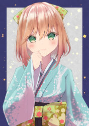 Rule 34 | 1girl, absurdres, black hakama, blue kimono, blush, bow, brown hair, closed mouth, commentary request, earrings, green bow, green eyes, hair between eyes, hakama, hakama skirt, hand up, highres, hilamaru, japanese clothes, jewelry, kimono, long sleeves, looking at viewer, original, skirt, sleeves past wrists, smile, solo, upper body, wide sleeves