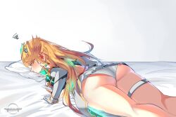 Rule 34 | 1girl, annoyed, artist name, ass, ass focus, bare shoulders, bed, black pantyhose, blonde hair, blush, breasts, dedhed art, dress, earrings, elbow gloves, embarrassed, gloves, headpiece, jewelry, long hair, looking at viewer, looking back, mythra (massive melee) (xenoblade), mythra (xenoblade), on bed, pantyhose, solo, swept bangs, thigh strap, tiara, white dress, white gloves, xenoblade chronicles (series), xenoblade chronicles 2, yellow eyes