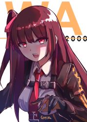 Rule 34 | 1girl, absurdres, blazer, blush, breasts, buckle, character name, collared shirt, fangs, gar32, girls&#039; frontline, gloves, hair ribbon, half updo, hands up, highres, jacket, large breasts, long hair, looking at viewer, necktie, one side up, open mouth, purple hair, red eyes, red necktie, ribbon, shaded face, shirt, signature, simple background, solo, strap, tsundere, very long hair, wa2000 (girls&#039; frontline), white background, white shirt