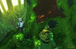 Rule 34 | 2boys, :d, animal, artist name, back, backpack, bag, black hair, blue eyes, creature, dappled sunlight, feriowind, flying squirrel, forest, gon freecss, grass, green shorts, green theme, hunter x hunter, killua zoldyck, layered sleeves, leaf, long sleeves, male focus, moss, multiple boys, nature, open mouth, outdoors, oversized animal, pointing, shade, shoes, short over long sleeves, short sleeves, shorts, smile, spiked hair, squirrel, sunlight, tree, turtleneck, white hair