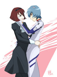Rule 34 | 2girls, :d, android, arm around waist, ascot, ayanami rei, black dress, black eyes, black legwear, blue hair, bob cut, bracer, breasts, closed mouth, crossover, dress, eye contact, face hold, formal, from side, gloves, hairband, half-closed eyes, hand on another&#039;s back, hand on another&#039;s cheek, hand on another&#039;s face, head tilt, headgear, highres, hug, interface headset, light smile, long sleeves, looking at another, multiple girls, neon genesis evangelion, open mouth, pale skin, pantyhose, parted lips, pilot suit, pink background, plugsuit, profile, r dorothy wayneright, red eyes, red hair, short hair, signature, skirt, sleeve cuffs, small breasts, smile, smirk, standing, suit, the big o, trait connection, turtleneck, two-tone background, white background, yuri