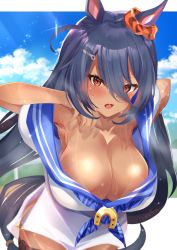 Rule 34 | 1girl, absurdres, akiba monaka, animal ears, armpits, blue hair, blush, breasts, cleavage, collarbone, commission, cowboy shot, dark-skinned female, dark skin, dress, ear ornament, fang, hair between eyes, hair ornament, hairclip, hand on own cheek, hand on own face, highres, hishi amazon (umamusume), horse ears, horse girl, horseshoe, horseshoe ornament, large breasts, letterboxed, long hair, looking at viewer, low-tied long hair, off-shoulder dress, off shoulder, open mouth, outdoors, pixiv commission, red eyes, red scrunchie, scrunchie, shiny skin, skin fang, solo, sweat, tan, tanline, thigh strap, umamusume, very long hair, white dress