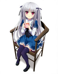 Rule 34 | 10s, 1girl, absolute duo, absurdres, black thighhighs, blue skirt, blue thighhighs, cup, full body, hair ribbon, highres, holding, holding cup, long hair, looking at viewer, mary janes, mug, purple ribbon, red eyes, ribbon, shoes, silver hair, simple background, sitting, skirt, solo, thighhighs, white background, yurie sigtuna