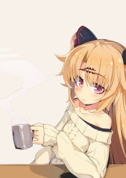 Rule 34 | 1girl, akatsuki uni, aran sweater, bare shoulders, beige background, blonde hair, blush, brown sweater, cable knit, closed mouth, collarbone, cup, hair between eyes, hair ornament, hairclip, highres, holding, holding cup, long sleeves, looking at viewer, mug, off-shoulder sweater, off shoulder, ogami kazuki, parted bangs, red eyes, simple background, sleeves past wrists, solo, steam, sweater, two side up, uni create, virtual youtuber