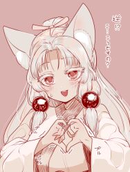 Rule 34 | 1girl, animal ears, blush, breasts, commentary, curtained hair, f tabiaki, fox ears, hair ribbon, hands up, heart, heart hands, japanese clothes, kimono, large breasts, long hair, long sleeves, looking at viewer, monochrome, nervous smile, open mouth, pink background, ponytail, ribbon, sidelocks, simple background, smile, solo, sweatdrop, thick eyelashes, touhoku itako, translated, upper body, voiceroid, wide sleeves