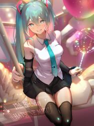 1girl absurdres akatsuki_rokino aqua_eyes aqua_hair aqua_nails aqua_necktie bare_shoulders black_skirt black_sleeves blush breasts carousel collared_shirt commentary detached_sleeves english_commentary english_text grey_shirt hair_between_eyes happy_birthday hatsune_miku highres holding holding_pole long_hair looking_at_viewer medium_breasts nail_polish necktie pole riding shirt sitting skirt sleeveless sleeveless_shirt smile solo thighhighs thighs twintails very_long_hair vocaloid