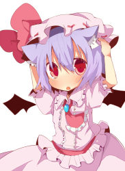 Rule 34 | 1girl, animal ears, bad id, bad pixiv id, blush, face, fang, female focus, hands on own head, hat, kemonomimi mode, looking at viewer, purple hair, red eyes, remilia scarlet, short hair, simple background, solo, tears, touhou, yatani row