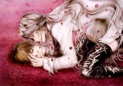 Rule 34 | 2boys, androgynous, angel, angel sanctuary, artbook, blonde hair, boots, closed eyes, hands on another&#039;s face, kneeling, leather, long hair, looking at another, lost angel, male focus, mudou sara, mudou setsuna, multiple boys, petals, ponytail, rosiel, short hair, silver hair, thigh boots, thighhighs, wavy hair, yuki kaori