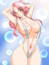 Rule 34 | 1girl, armpits, arms behind head, arms up, bikini, blue background, blush, breasts, cleavage, gradient background, green eyes, highres, inabakun00, large breasts, long hair, looking at viewer, navel, original, pink hair, ponytail, rio (inaba), slingshot swimsuit, smile, solo, standing, swimsuit, white bikini