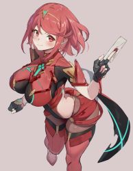 Rule 34 | 1girl, black gloves, bob cut, breasts, chest jewel, earrings, envelope, female focus, fingerless gloves, gem, gloves, headpiece, jewelry, large breasts, matching hair/eyes, nintendo, pantyhose, pantyhose under shorts, pyra (xenoblade), red eyes, red hair, red shorts, red thighhighs, seinen, short hair, short shorts, shorts, smash invitation, solo, super smash bros., swept bangs, thighhighs, tiara, xenoblade chronicles (series), xenoblade chronicles 2