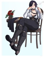 Rule 34 | 1girl, absurdres, ark royal (azur lane), ark royal (cafe lookout) (azur lane), azur lane, belt, black bra, black footwear, black hair, black necktie, black panties, black pants, blue eyes, boots, bra, breasts, cake, chair, cleavage, coffee mug, commentary, cup, dress shirt, english commentary, flower, fold-over boots, food, full body, high heel boots, high heels, highres, holding, holding cup, knee boots, large breasts, looking at viewer, loose necktie, mug, necktie, official alternate costume, open clothes, open fly, open shirt, panties, pants, rose, shirt, short hair, simple background, sitting, smile, solo, table, underwear, vase, white background, white shirt, zuruppi