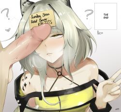 Rule 34 | 1boy, 1girl, ?, ??, ahegao, animal ear fluff, animal ears, arknights, bare shoulders, blunt bangs, blush, breasts, cat ears, cleavage, collarbone, dress, drooling, english text, eroborne, gradient background, green dress, green eyes, grey hair, heavy breathing, highres, hypnosis, kal&#039;tsit (arknights), long hair, material growth, medium breasts, mind control, note, off shoulder, oripathy lesion (arknights), parted lips, penis on face, saliva, signature, uncensored, upper body, v, white background