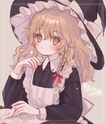 Rule 34 | 1girl, apron, black dress, black hat, blonde hair, blush, book, bow, braid, closed mouth, commentary request, dated, dress, frilled apron, frilled headwear, frills, hat, hat bow, kirisame marisa, long hair, long sleeves, looking at viewer, maid apron, marisa day, open book, single braid, solo, touhou, upper body, white apron, yellow eyes, yujup