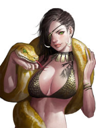 Rule 34 | 1girl, animal, asymmetrical bangs, bikini, bikini top only, breasts, brown hair, choker, cleavage, dongho kang, earrings, eyepatch, green eyes, head tilt, huge breasts, image sample, jewelry, original, parted lips, realistic, short hair, simple background, smile, snake, solo, swimsuit, tattoo, upper body, white background