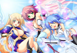Rule 34 | ahoge, angel wings, astraea (sora no otoshimono), blonde hair, blue hair, breasts, chain, cleavage, collar, feathers, gloves, green eyes, hair ribbon, ikaros, large breasts, long hair, multiple girls, navel, nymph (sora no otoshimono), open mouth, pink hair, red eyes, ribbon, skirt, smile, sora no otoshimono, thighhighs, twintails, white gloves, wings