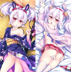 Rule 34 | 1girl, animal ears, arm up, ass, azur lane, bare shoulders, bed sheet, blush, bottle, breasts, censored, collarbone, dakimakura (medium), fingernails, floral print, glass bottle, groin, hair between eyes, hair ornament, hairband, head tilt, jacket, japanese clothes, kimono, laffey (azur lane), laffey (snow rabbit and candy apple) (azur lane), long hair, long sleeves, looking at viewer, lying, medium breasts, miyabi urumi, multiple views, nipples, no bra, no panties, nose blush, novelty censor, obi, off shoulder, on back, on floor, on side, open clothes, open jacket, open mouth, parted lips, pink jacket, pleated skirt, pocket, print kimono, purple kimono, rabbit ears, red eyes, red hairband, red skirt, saliva, sash, silver hair, skirt, tears, thighhighs, twintails, very long hair, white thighhighs, wide sleeves